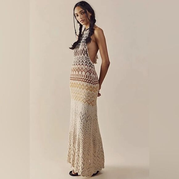 Free People Ikat Oasis Maxi Dress Halter Crochet - Picture 1 of 2
